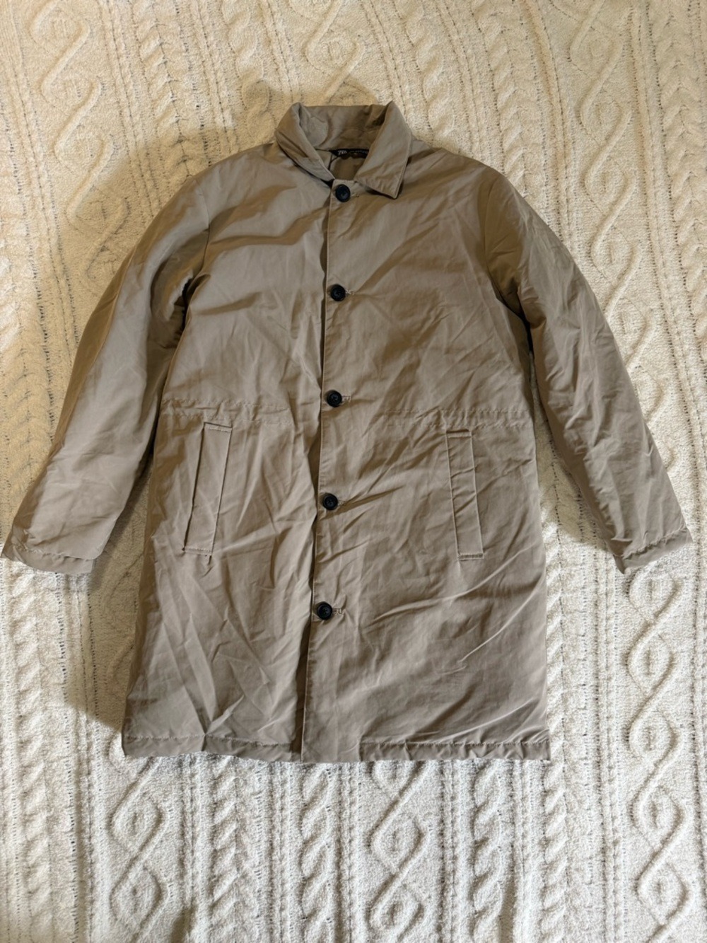 Zara Men’s Padded Trench Coat Beige Medium Zip Button Overcoat Jacket NWT - Picture 2 of 15